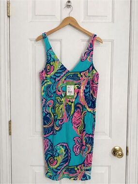 NWT Lilly Pulitzer Bailey Dress Sea Blue Private Island Silk Shift Dress Size M